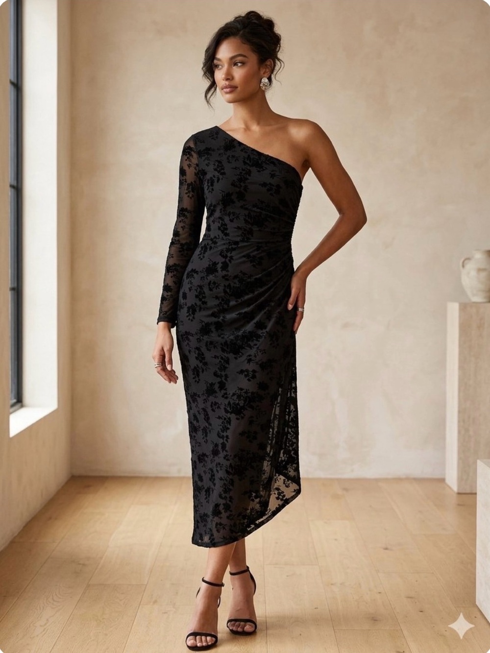 SHEIN Black One-Shoulder Floral Velvet Midi Dress